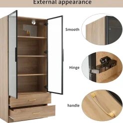 Vitrine avec Éclairage LED 2 Tiroirs, Porte en Verre, Meuble de Rangement Grande Capacité - Design Épuré 75x34,5x170 cm, Naturel