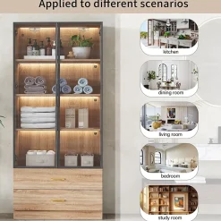 Vitrine avec Éclairage LED 2 Tiroirs, Porte en Verre, Meuble de Rangement Grande Capacité - Design Épuré 75x34,5x170 cm, Naturel