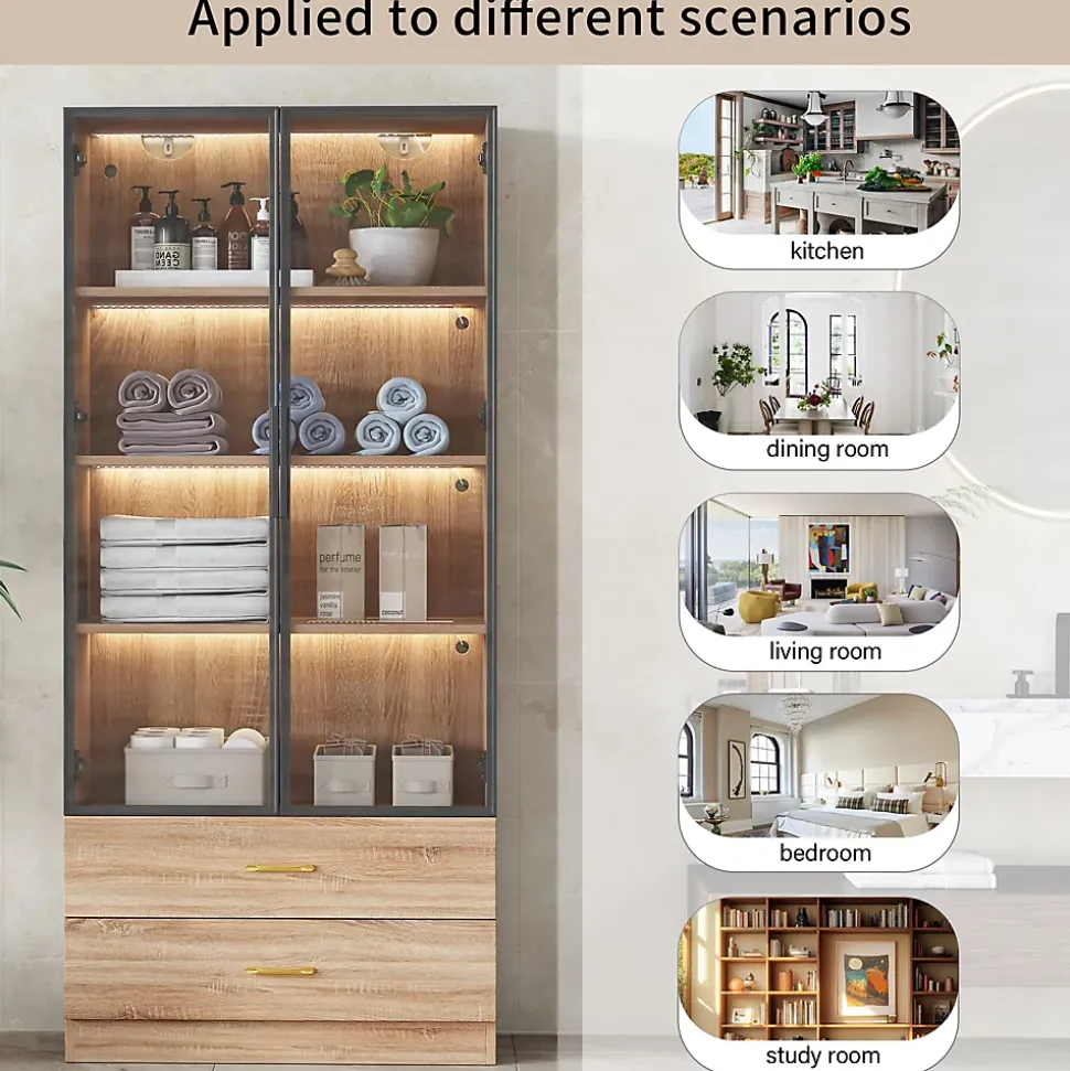 Vitrine avec Éclairage LED 2 Tiroirs, Porte en Verre, Meuble de Rangement Grande Capacité - Design Épuré 75x34,5x170 cm, Naturel