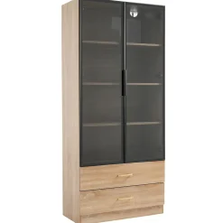 Vitrine avec Éclairage LED 2 Tiroirs, Porte en Verre, Meuble de Rangement Grande Capacité - Design Épuré 75x34,5x170 cm, Naturel