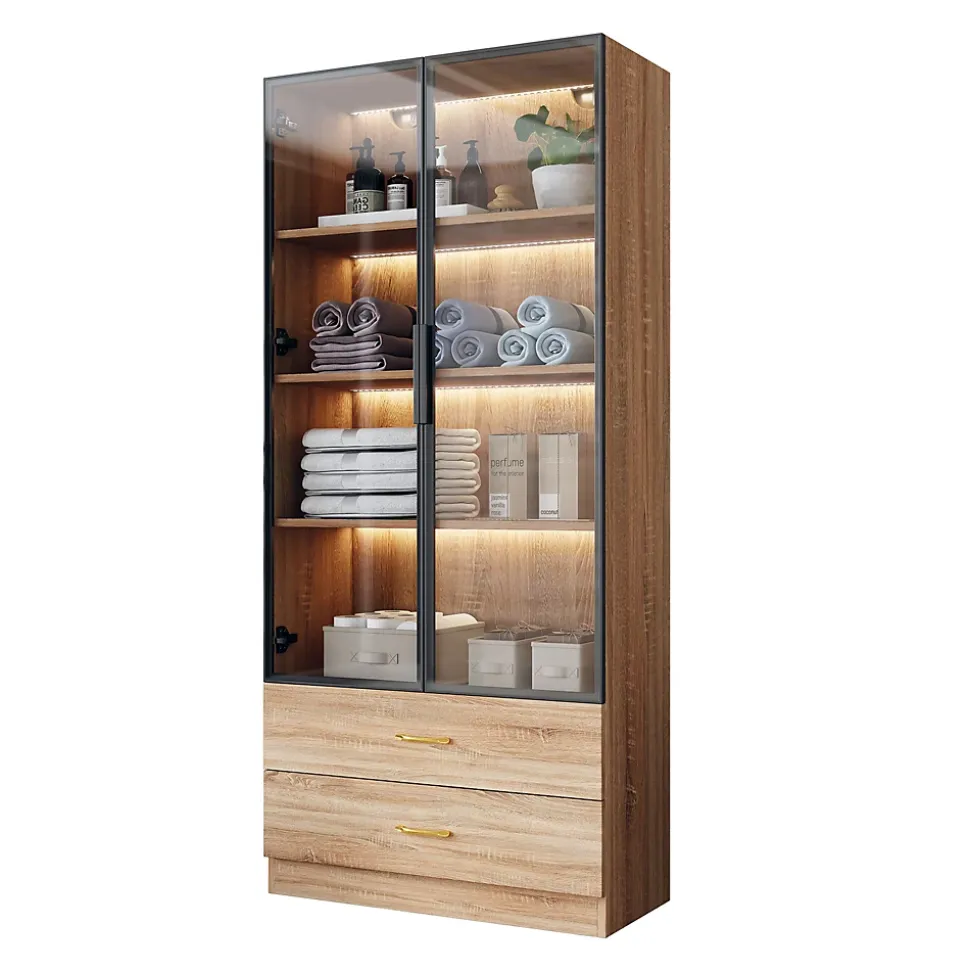 Vitrine avec Éclairage LED 2 Tiroirs, Porte en Verre, Meuble de Rangement Grande Capacité - Design Épuré 75x34,5x170 cm, Naturel