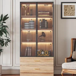 Vitrine avec Éclairage LED 2 Tiroirs, Porte en Verre, Meuble de Rangement Grande Capacité - Design Épuré 75x34,5x170 cm, Naturel