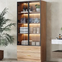 Vitrine avec Éclairage LED 2 Tiroirs, Porte en Verre, Meuble de Rangement Grande Capacité - Design Épuré 75x34,5x170 cm, Naturel