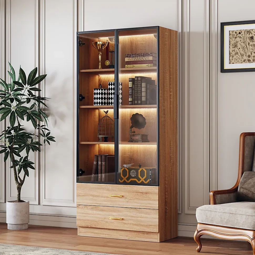 Vitrine avec Éclairage LED 2 Tiroirs, Porte en Verre, Meuble de Rangement Grande Capacité - Design Épuré 75x34,5x170 cm, Naturel