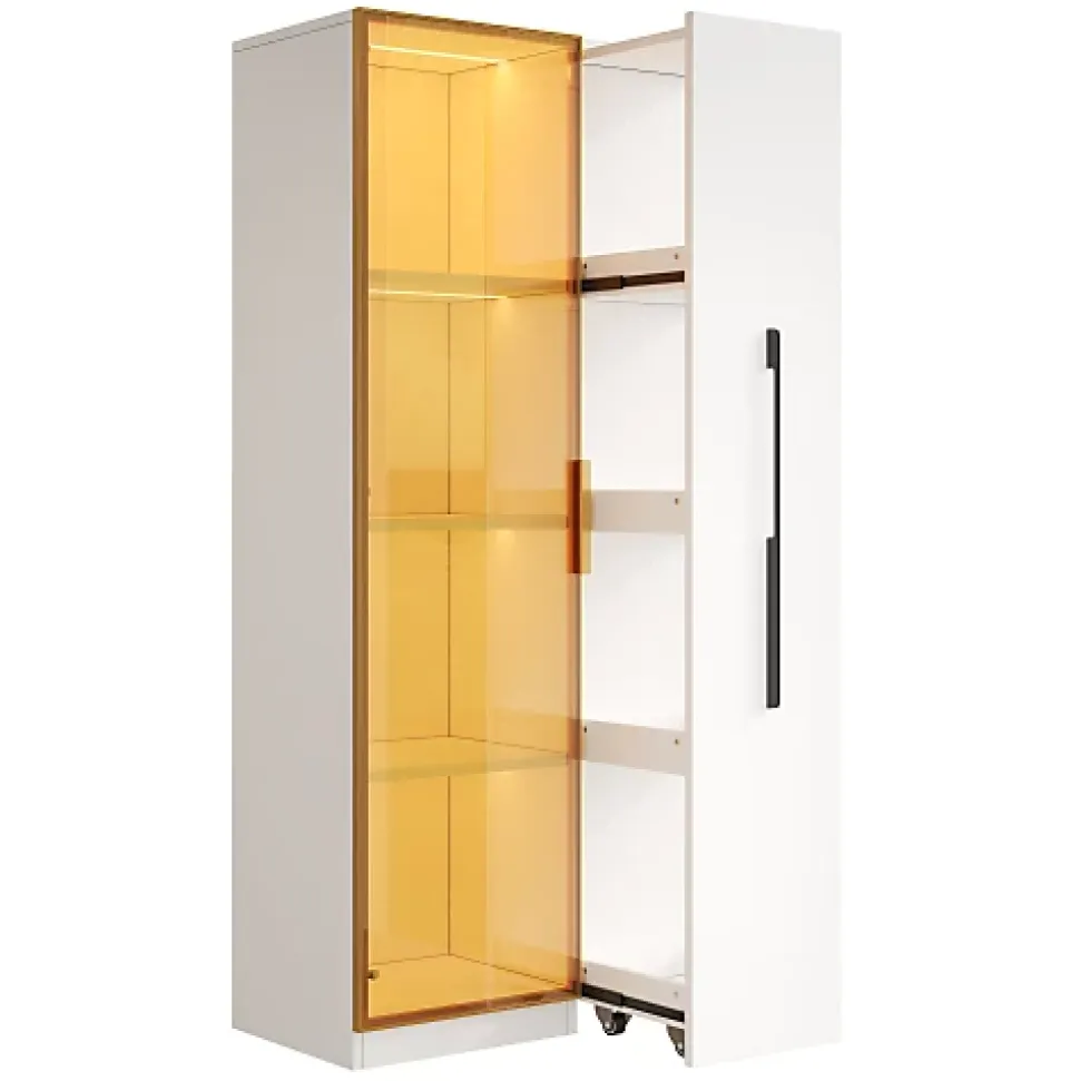 Vitrine avec LED 70x40x160 cm - 1 porte vitrée et 1 tiroir latéral coulissant - Roulettes - MDF+verre - Blanc