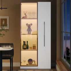 Vitrine avec LED 70x40x160 cm - 1 porte vitrée et 1 tiroir latéral coulissant - Roulettes - MDF+verre - Blanc
