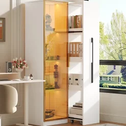 Vitrine avec LED 70x40x160 cm - 1 porte vitrée et 1 tiroir latéral coulissant - Roulettes - MDF+verre - Blanc