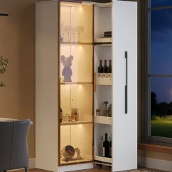 Vitrine avec LED 70x40x160 cm - 1 porte vitrée et 1 tiroir latéral coulissant - Roulettes - MDF+verre - Blanc