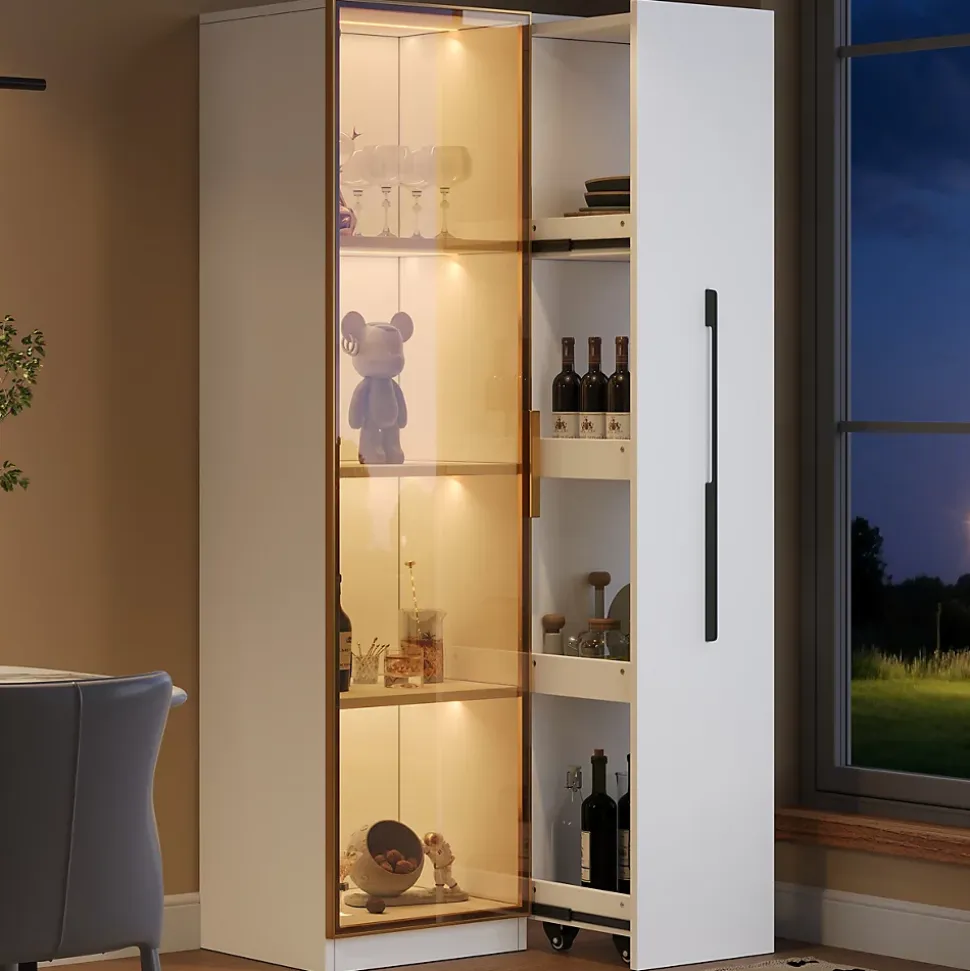 Vitrine avec LED 70x40x160 cm - 1 porte vitrée et 1 tiroir latéral coulissant - Roulettes - MDF+verre - Blanc