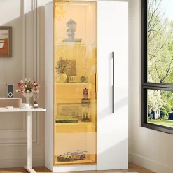Vitrine avec LED 70x40x160 cm - 1 porte vitrée et 1 tiroir latéral coulissant - Roulettes - MDF+verre - Blanc