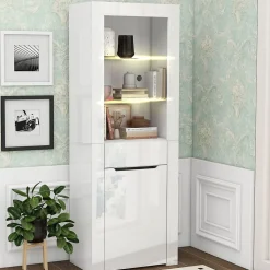 Vitrine avec Placard, Tiroir et 2 Étagères - Panneau de Particules - 60 x 35,5 x 165 cm - Blanc