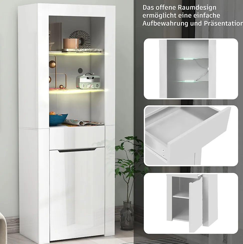 Vitrine avec Placard, Tiroir et 2 Étagères - Panneau de Particules - 60 x 35,5 x 165 cm - Blanc