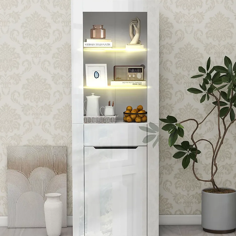 Vitrine avec Placard, Tiroir et 2 Étagères - Panneau de Particules - 60 x 35,5 x 165 cm - Blanc