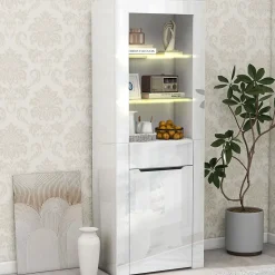 Vitrine avec Placard, Tiroir et 2 Étagères - Panneau de Particules - 60 x 35,5 x 165 cm - Blanc
