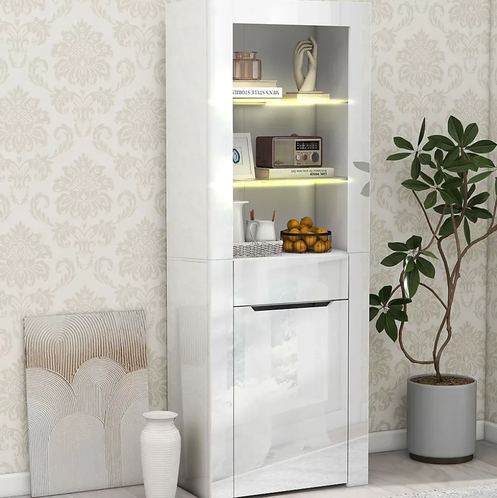 Vitrine avec Placard, Tiroir et 2 Étagères - Panneau de Particules - 60 x 35,5 x 165 cm - Blanc