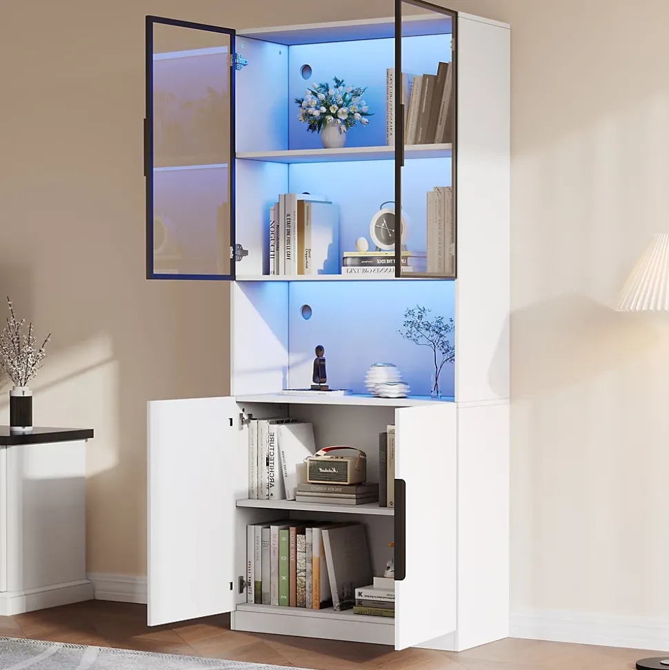 Vitrine avec Portes Vitrées et Éclairage LED Réglable, Meuble de Salon en Verre Trempé - 80x30x200 cm Blanc