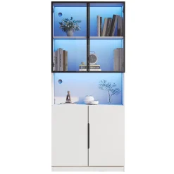 Vitrine avec Portes Vitrées et Éclairage LED Réglable, Meuble de Salon en Verre Trempé - 80x30x200 cm Blanc