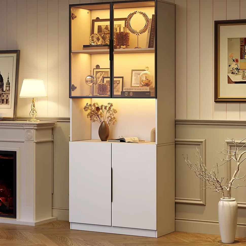Vitrine avec Portes Vitrées et Éclairage LED Réglable, Meuble de Salon en Verre Trempé - 80x30x200 cm Blanc