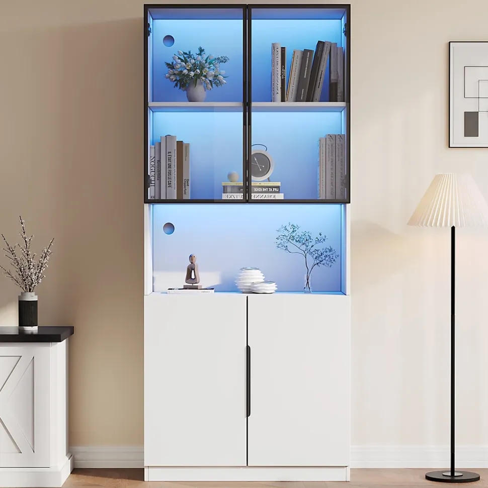 Vitrine avec Portes Vitrées et Éclairage LED Réglable, Meuble de Salon en Verre Trempé - 80x30x200 cm Blanc