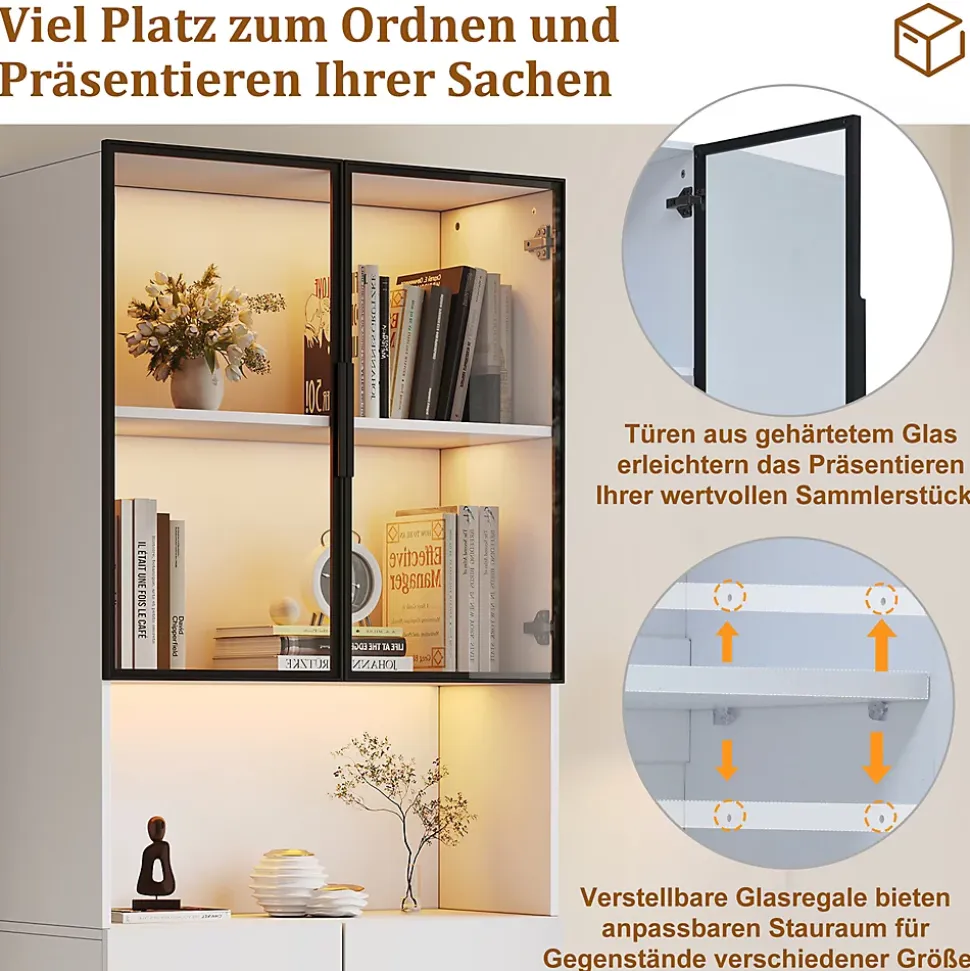 Vitrine avec Portes Vitrées et Éclairage LED Réglable, Meuble de Salon en Verre Trempé - 80x30x200 cm Blanc