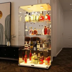 Vitrine bar en verre trempé avec porte double, 4 étagères éclairage LED, Meuble de rangement et d'exposition moderne blanc