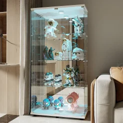 Vitrine bar en verre trempé avec porte double, 4 étagères éclairage LED, Meuble de rangement et d'exposition moderne blanc