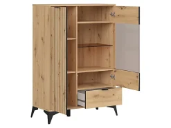Vitrine basse à 2 portes et un tiroir,coloris Chêne artisan - Longueur 90 x Profondeur 41 x Hauteur 133 cm