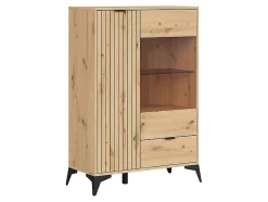 Vitrine basse à 2 portes et un tiroir,coloris Chêne artisan - Longueur 90 x Profondeur 41 x Hauteur 133 cm