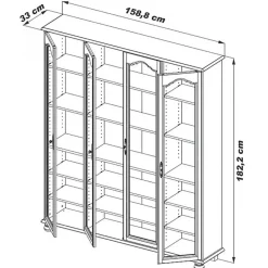 Vitrine Bibliothèque Chêne 4 Portes Vitrées 18 Niches L 158.8 H 182.2 P 33 cm - L 158.8 x l 33 x H 182.2 cm