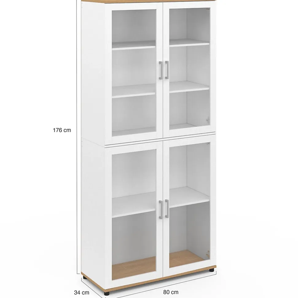 Vitrine buffet haut H. 176 cm vaisselier VITO 4 portes vitrées blanc et bois
