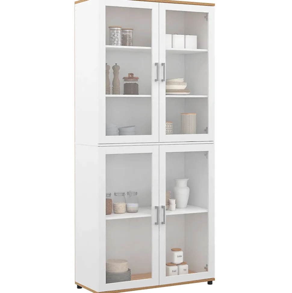 Vitrine buffet haut H. 176 cm vaisselier VITO 4 portes vitrées blanc et bois