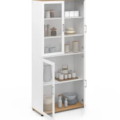 Vitrine buffet haut H. 176 cm vaisselier VITO 4 portes vitrées blanc et bois