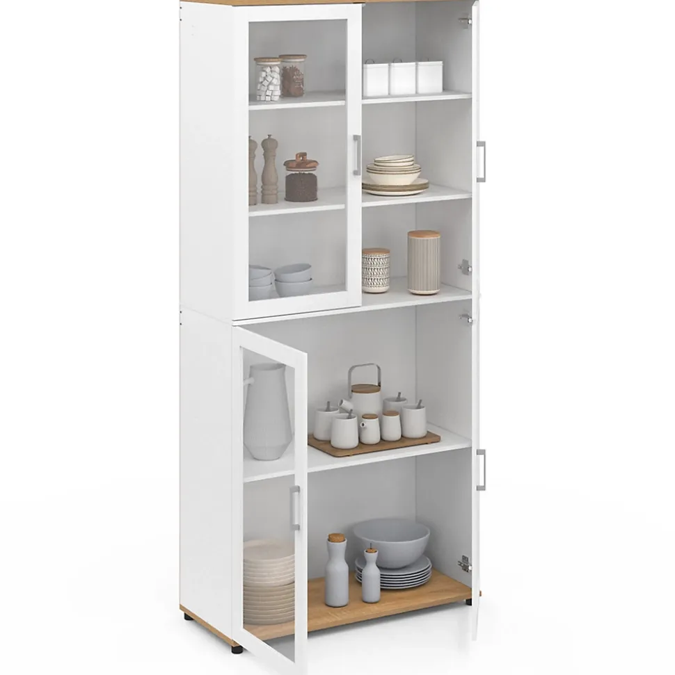 Vitrine buffet haut H. 176 cm vaisselier VITO 4 portes vitrées blanc et bois