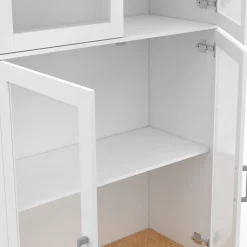 Vitrine buffet haut H. 176 cm vaisselier VITO 4 portes vitrées blanc et bois