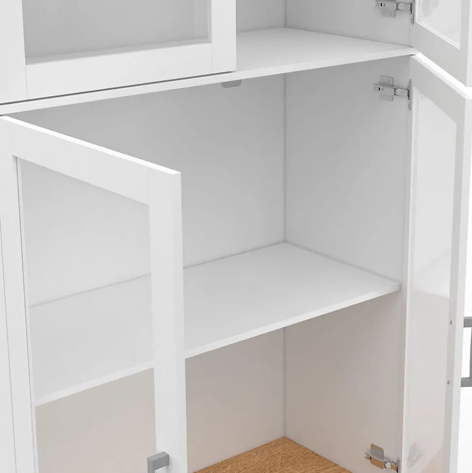 Vitrine buffet haut H. 176 cm vaisselier VITO 4 portes vitrées blanc et bois
