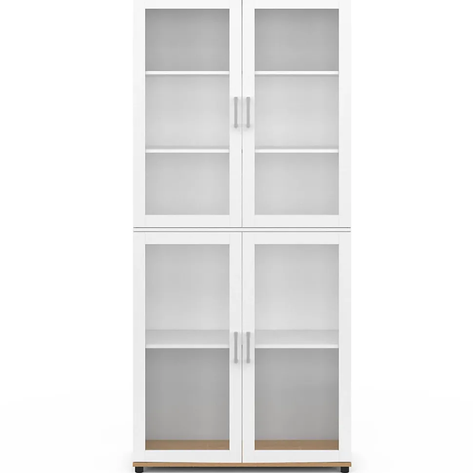 Vitrine buffet haut H. 176 cm vaisselier VITO 4 portes vitrées blanc et bois
