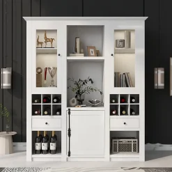 Vitrine Éclairage LED 16 Couleurs, Porte en Acrylique, Casier à Vin et Tiroir, Meuble de Rangement Salon, MDF, Blanc 143x46x170 cm