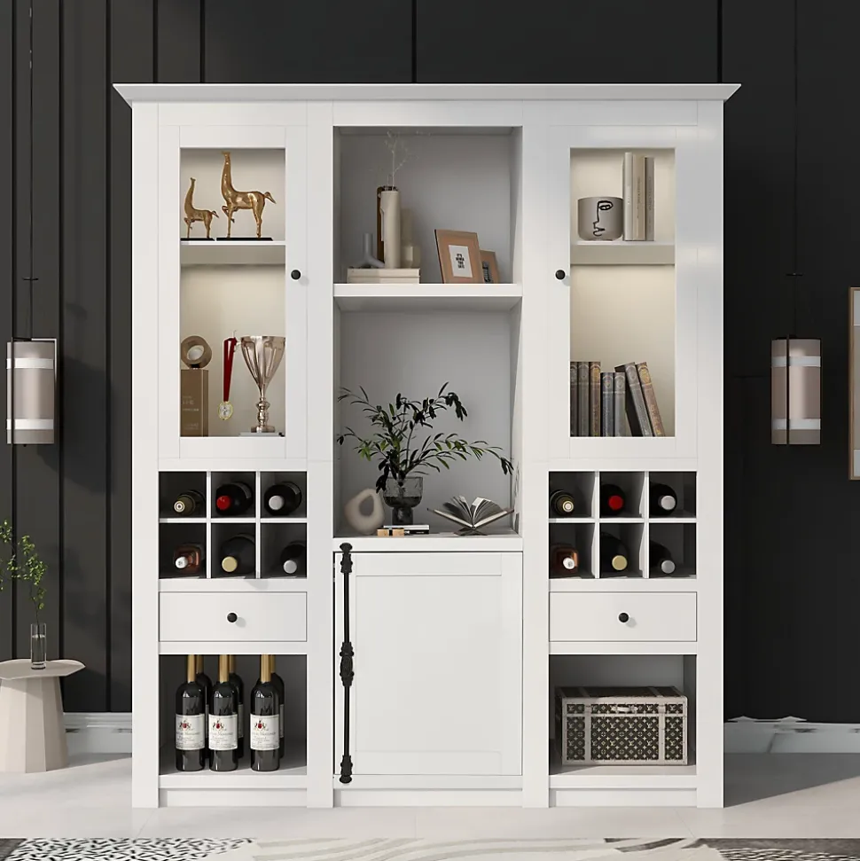 Vitrine Éclairage LED 16 Couleurs, Porte en Acrylique, Casier à Vin et Tiroir, Meuble de Rangement Salon, MDF, Blanc 143x46x170 cm