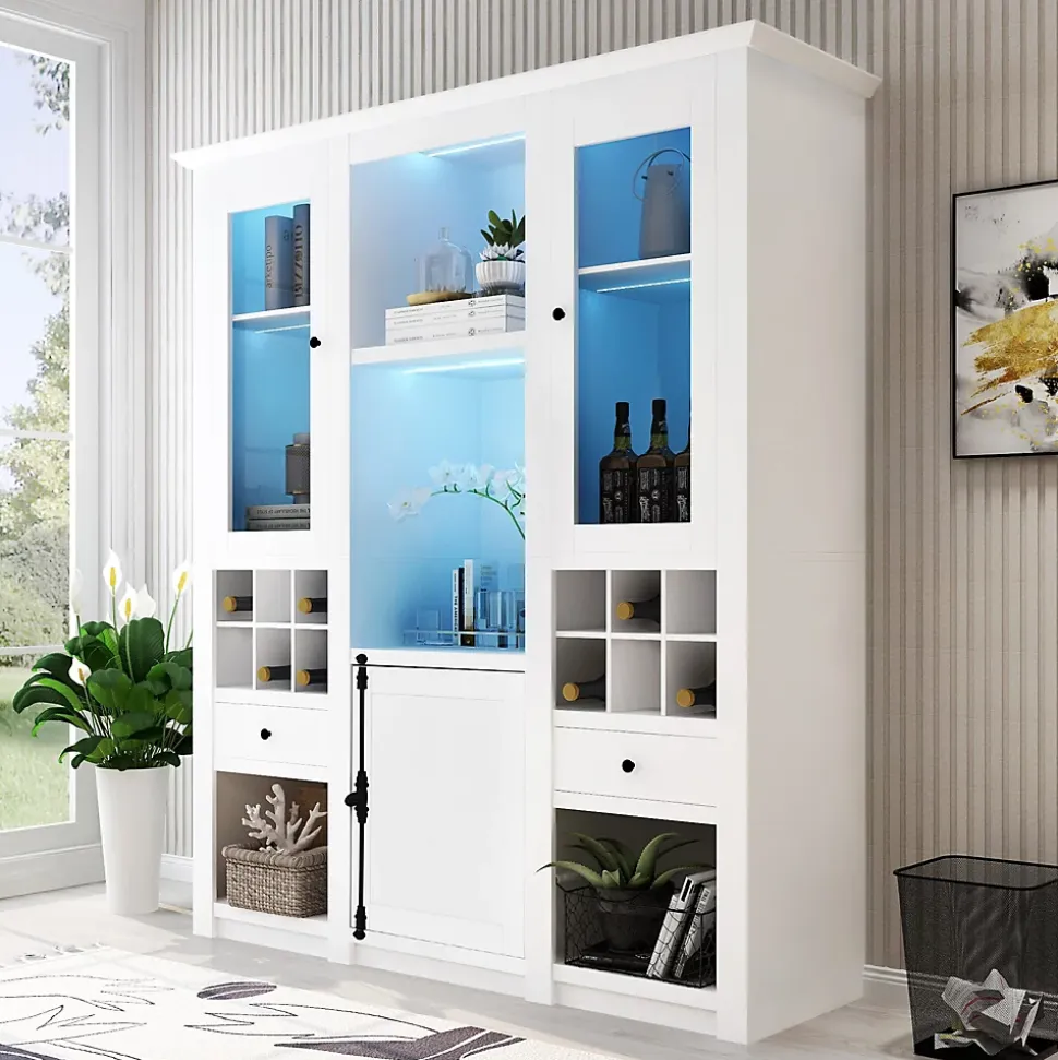 Vitrine Éclairage LED 16 Couleurs, Porte en Acrylique, Casier à Vin et Tiroir, Meuble de Rangement Salon, MDF, Blanc 143x46x170 cm