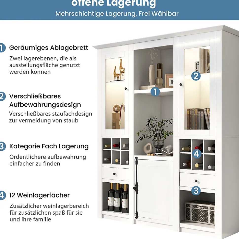 Vitrine Éclairage LED 16 Couleurs, Porte en Acrylique, Casier à Vin et Tiroir, Meuble de Rangement Salon, MDF, Blanc 143x46x170 cm