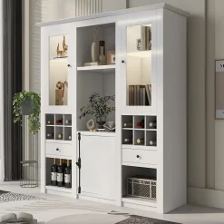 Vitrine Éclairage LED 16 Couleurs, Porte en Acrylique, Casier à Vin et Tiroir, Meuble de Rangement Salon, MDF, Blanc 143x46x170 cm