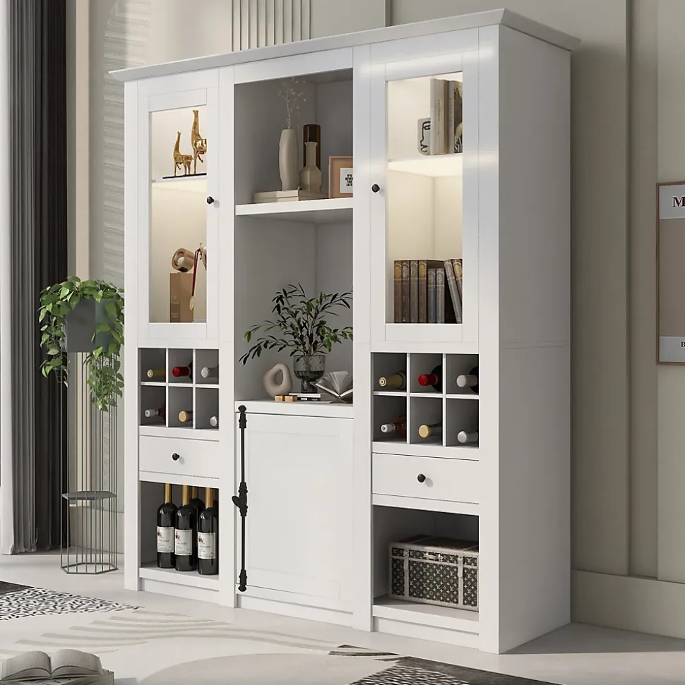 Vitrine Éclairage LED 16 Couleurs, Porte en Acrylique, Casier à Vin et Tiroir, Meuble de Rangement Salon, MDF, Blanc 143x46x170 cm