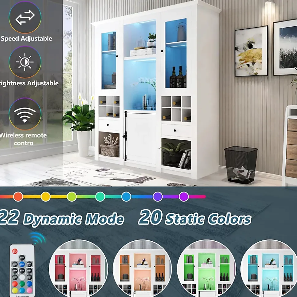 Vitrine Éclairage LED 16 Couleurs, Porte en Acrylique, Casier à Vin et Tiroir, Meuble de Rangement Salon, MDF, Blanc 143x46x170 cm