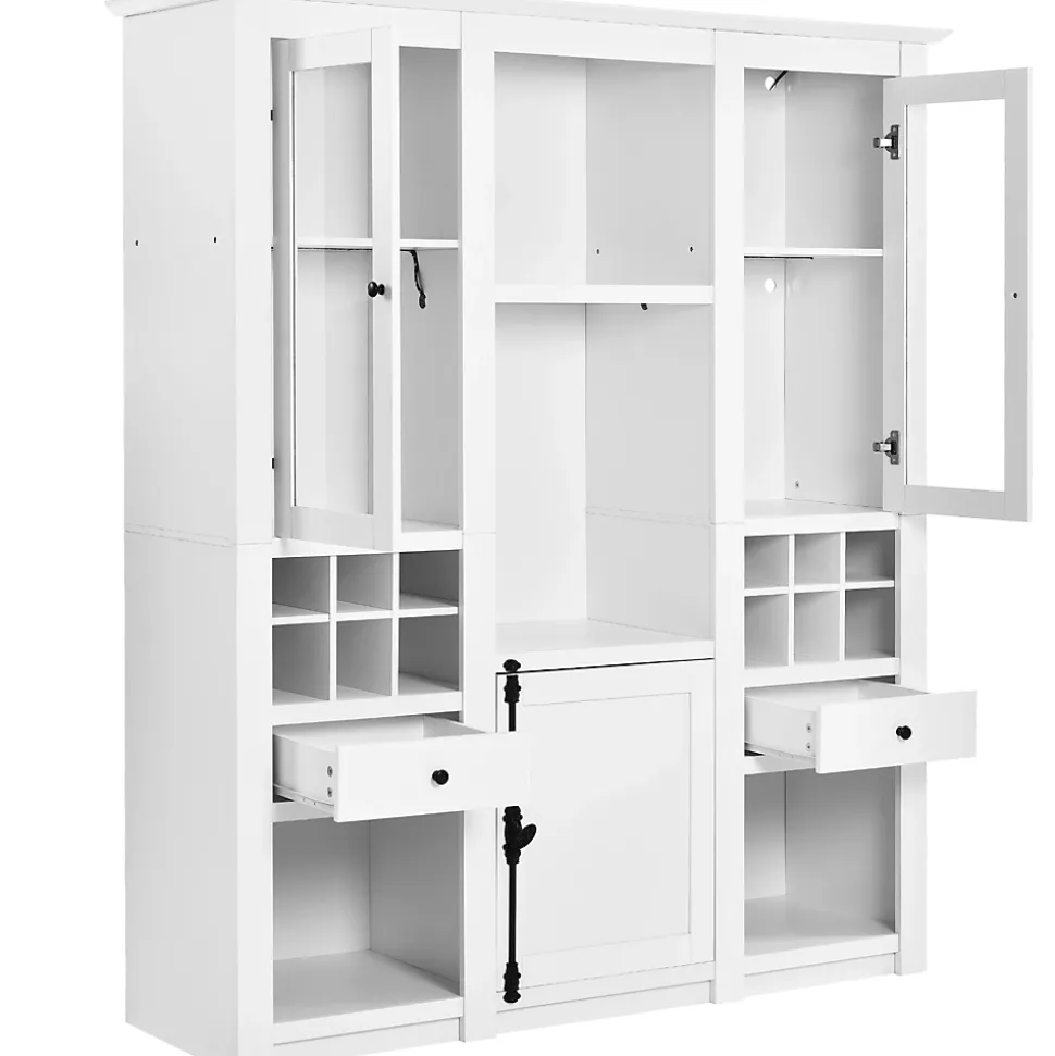 Vitrine Éclairage LED 16 Couleurs, Porte en Acrylique, Casier à Vin et Tiroir, Meuble de Rangement Salon, MDF, Blanc 143x46x170 cm