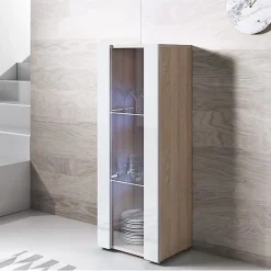 Vitrine contemporaine 1 porte LED - Blanc & Sonoma - Mélamine & verre - 40 x 29 x 128 cm