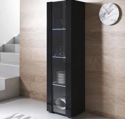 Vitrine contemporaine LED - Noir brillant - Mélamine - 1 porte 4 compartiments - 40x29x167 cm
