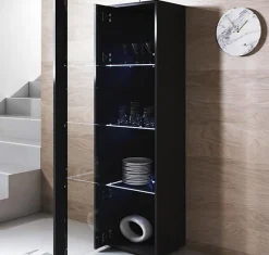Vitrine contemporaine LED - Noir brillant - Mélamine - 1 porte 4 compartiments - 40x29x167 cm