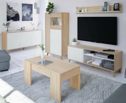 Vitrine Daceved, Vitrine avec 3 portes, Buffet pour salon ou salon, Buffet haut avec Etageres, 77x33h142 cm, Chêne et Blanc