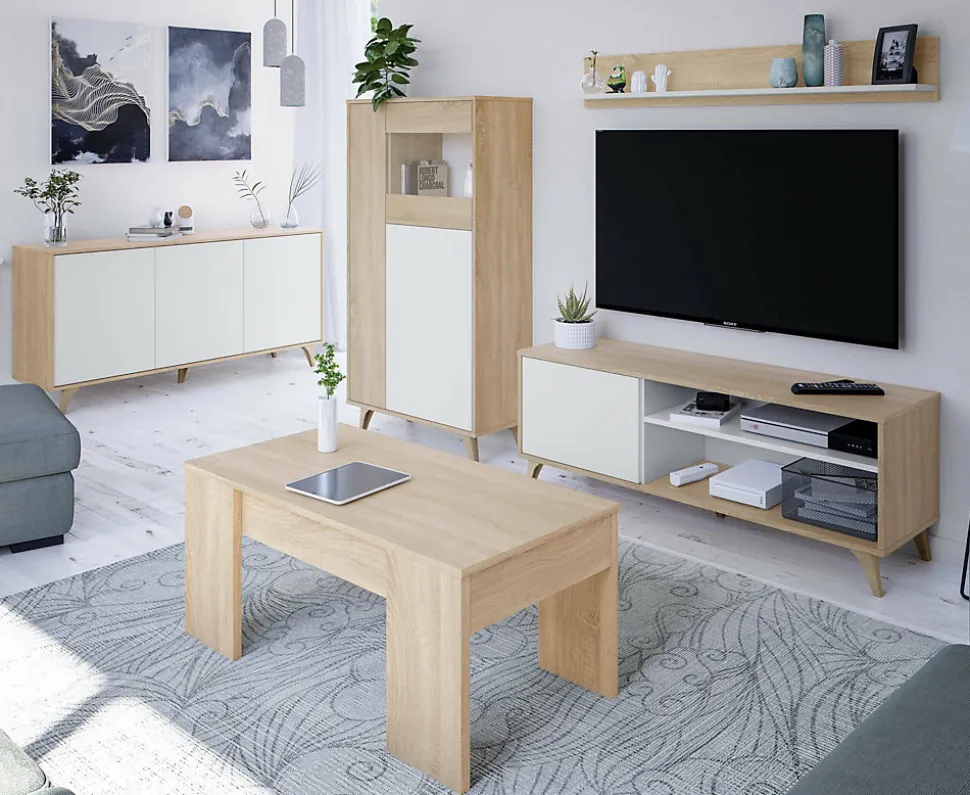 Vitrine Daceved, Vitrine avec 3 portes, Buffet pour salon ou salon, Buffet haut avec Etageres, 77x33h142 cm, Chêne et Blanc