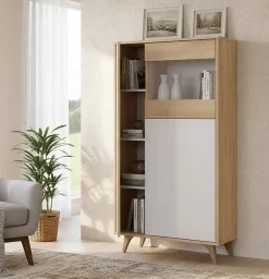 Vitrine Daceved, Vitrine avec 3 portes, Buffet pour salon ou salon, Buffet haut avec Etageres, 77x33h142 cm, Chêne et Blanc